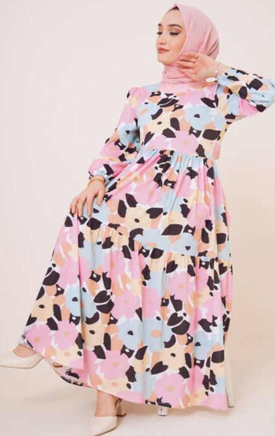 Cicek Desenli Tafta Elbise Modelleri 3 renk